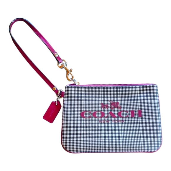 Coach Peyton Burgundy Black White Glen Plaid Coated Canvas Wristlet - Picture 3 of 14